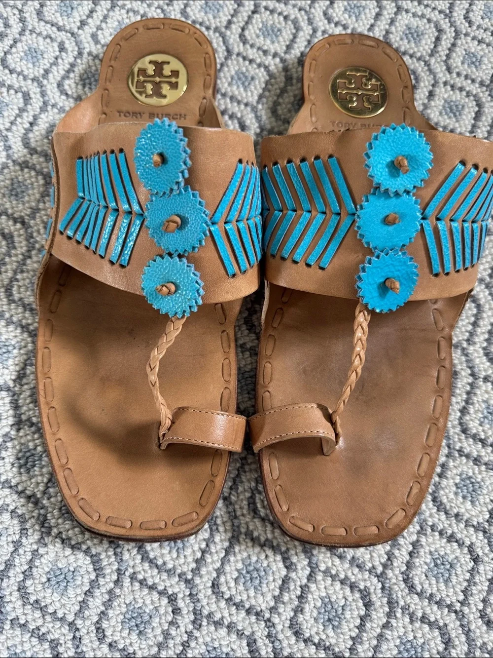 Tory Burch Brown Leather Slide Sandals with Turquoise Floral Accents